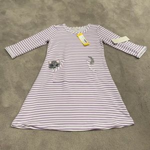 Purple striped dress with pockets and cat design.